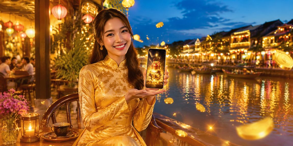 Người dùng tại Hội An mặc áo dài đăng ký tài khoản và nhận ưu đãi chào mừng trên điện thoại